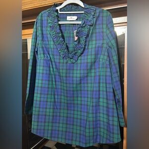 Vineyard Vines Green and Blue Check Ruffle Woven Tops Deep Bay 100% Cotton